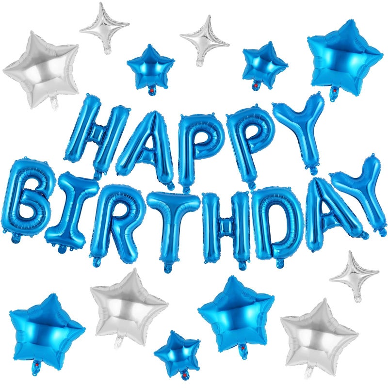 TOTAFAM Blue Happy Birthday Banner Balloons Letters Balloons 16 Inch with 12 Pcs Star Foil Balloon Birthday Party Decorations for Women Men Boys Girls - Image 1